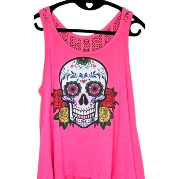 No Boundaries Tops - Pink High Low Tank Top Sugar Skull Roses Lace Back Detail Womens Dia De Muertos